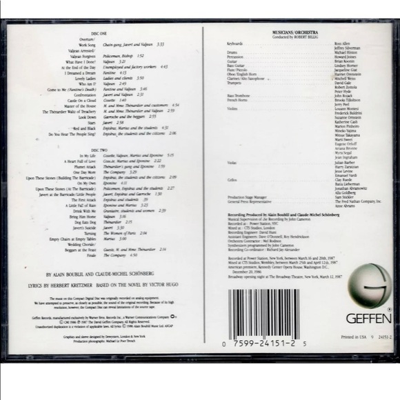 Les‎ Misérables Original Broadway Cast Recording Two Disc Set 1987 EUC Booklet - Picture 2 of 10